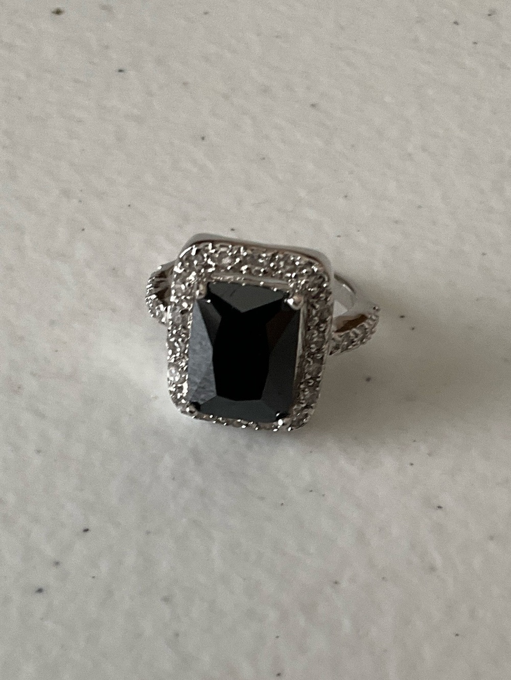 Black Emerald-Cut Halo Ring with Silver Accents - Women's Fashion Ring